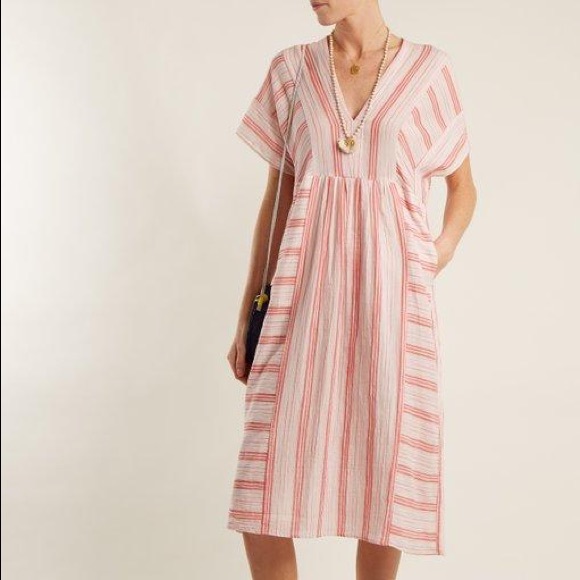 MASSCOB V-neck Striped Cotton Dress In Pink Stripe - Picture 2 of 12